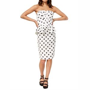 BARDOT Strapless Peplum Midi Dress — Size XS/4, White w/ Black Polka Dots